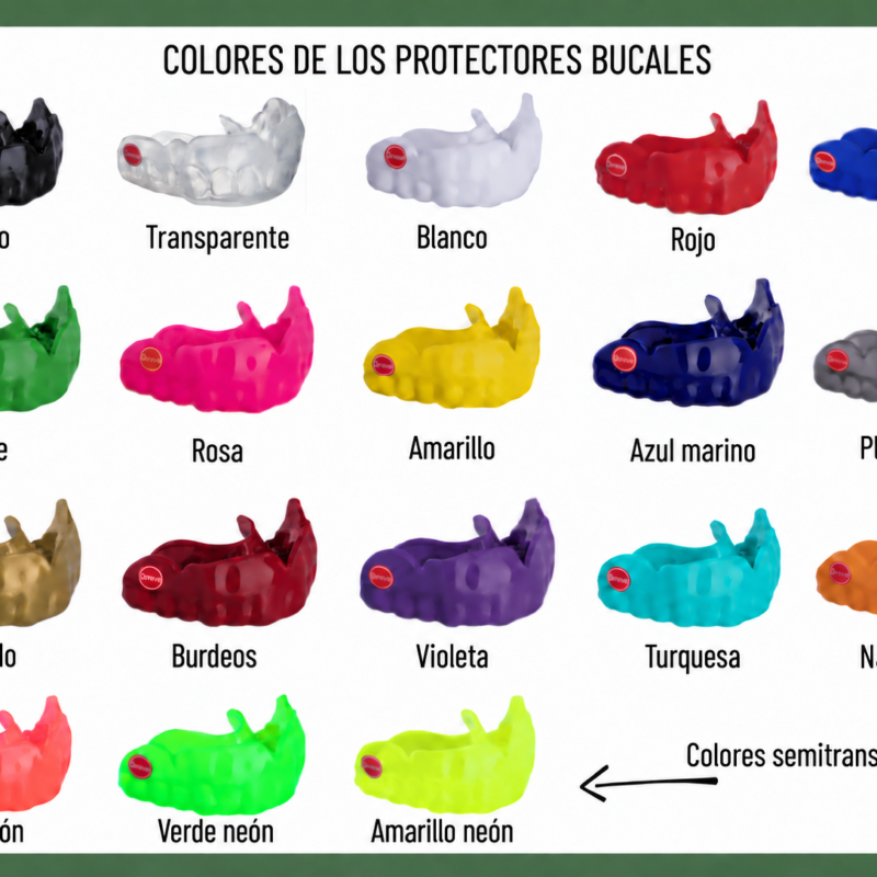 Muestrario de 18 colores para protectores bucales Dent-Guard, incluidos Burdeos y Turquesa.