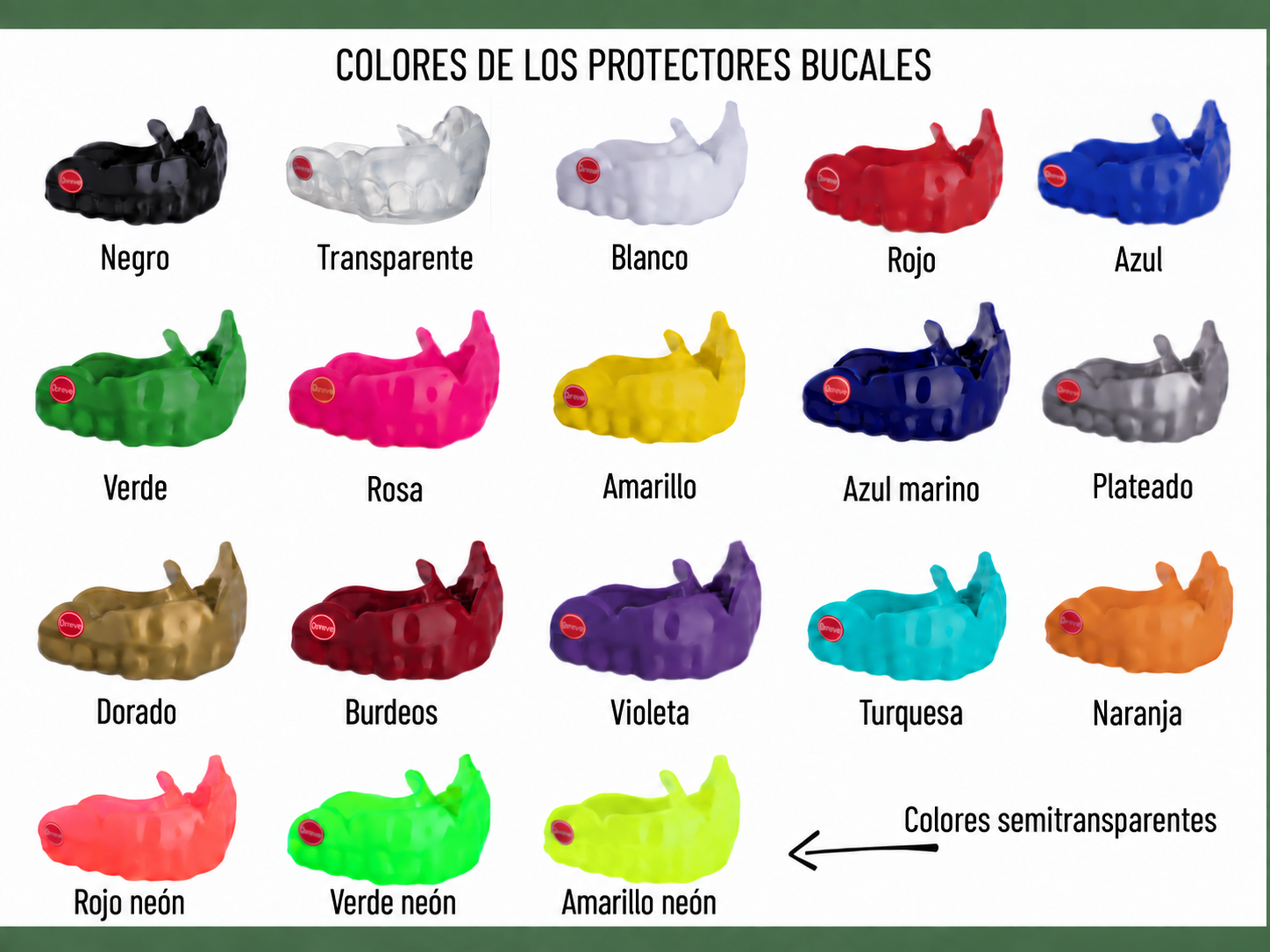 Muestrario de 18 colores para protectores bucales Dent-Guard, incluidos Burdeos y Turquesa.
